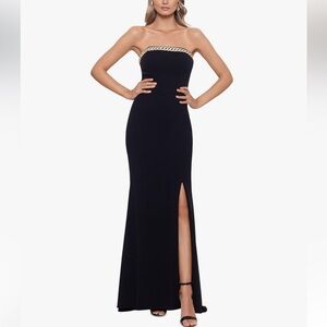 XSCAPE | 4685X Strapless Embellished Slit Evening Dress Black 14